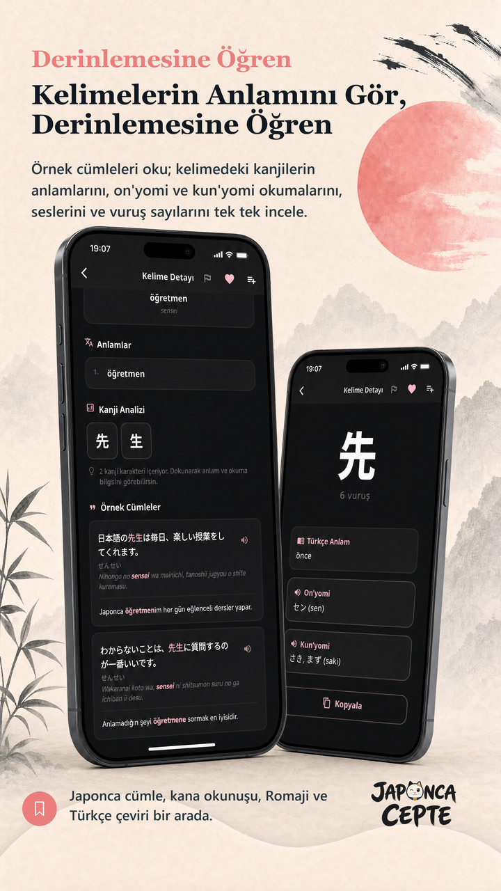 Kelime detayı, örnek cümleler ve kanji analizi