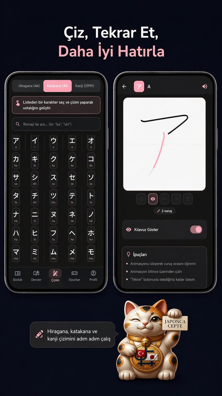 Hiragana, katakana ve kanji çizim ekranı