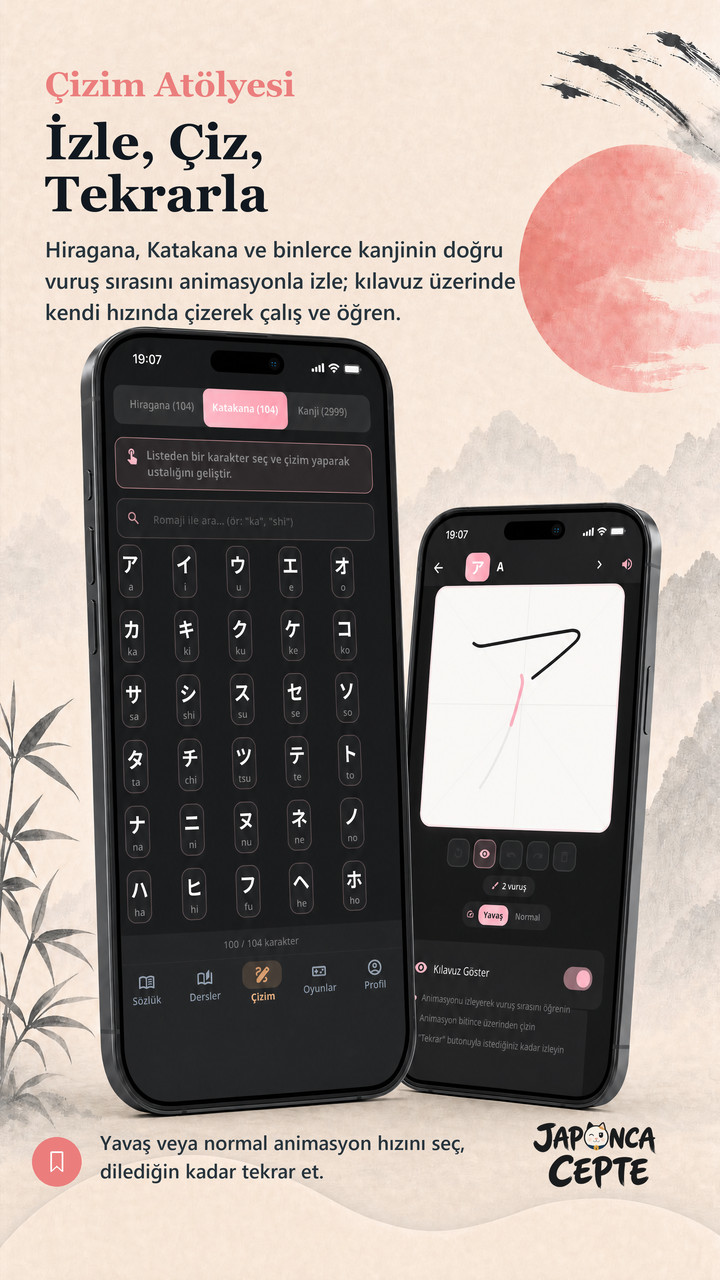 Hiragana, Katakana ve kanji çizim ekranı